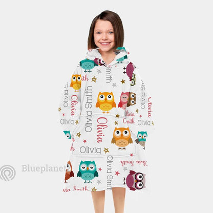 Custom Name Hoodies Blanket, Personalized Owl Wearable Hoodie Blanket, Oversized Blanket, Christmas Gift