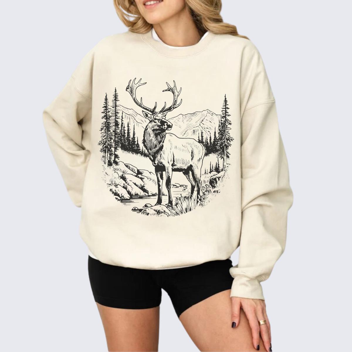 Retro Elk in the Wilderness Scene Sweatshirt, Vintage Style Animal Sweater, Nature Lover Gift, Outdoor Apparel, Rustic Wildlife Pullover