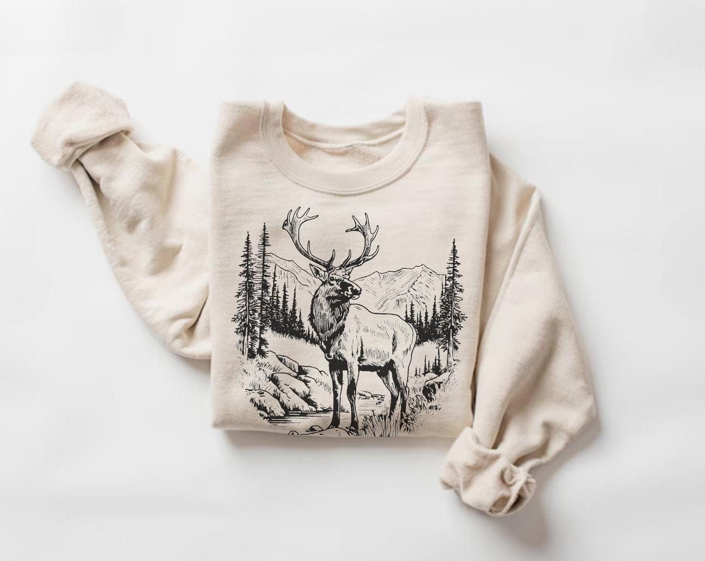 Retro Elk in the Wilderness Scene Sweatshirt, Vintage Style Animal Sweater, Nature Lover Gift, Outdoor Apparel, Rustic Wildlife Pullover