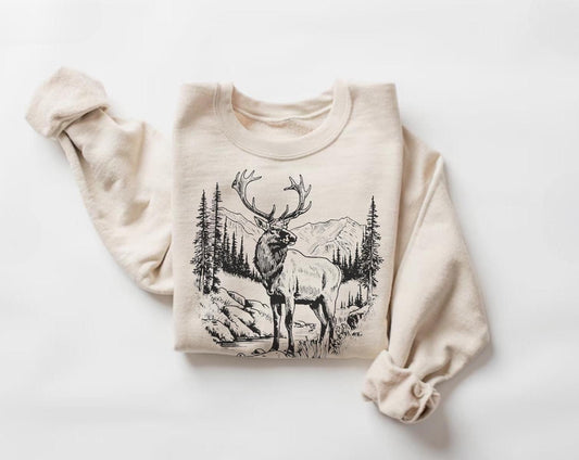 Retro Elk in the Wilderness Scene Sweatshirt, Vintage Style Animal Sweater, Nature Lover Gift, Outdoor Apparel, Rustic Wildlife Pullover