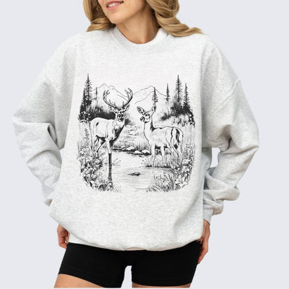 Retro Deer Wilderness Scene Unisex Sweatshirt, Buck & Doe Graphic, Nature Lover Gift, Outdoor Apparel, Wildlife Lover Clothing, Cabin Style