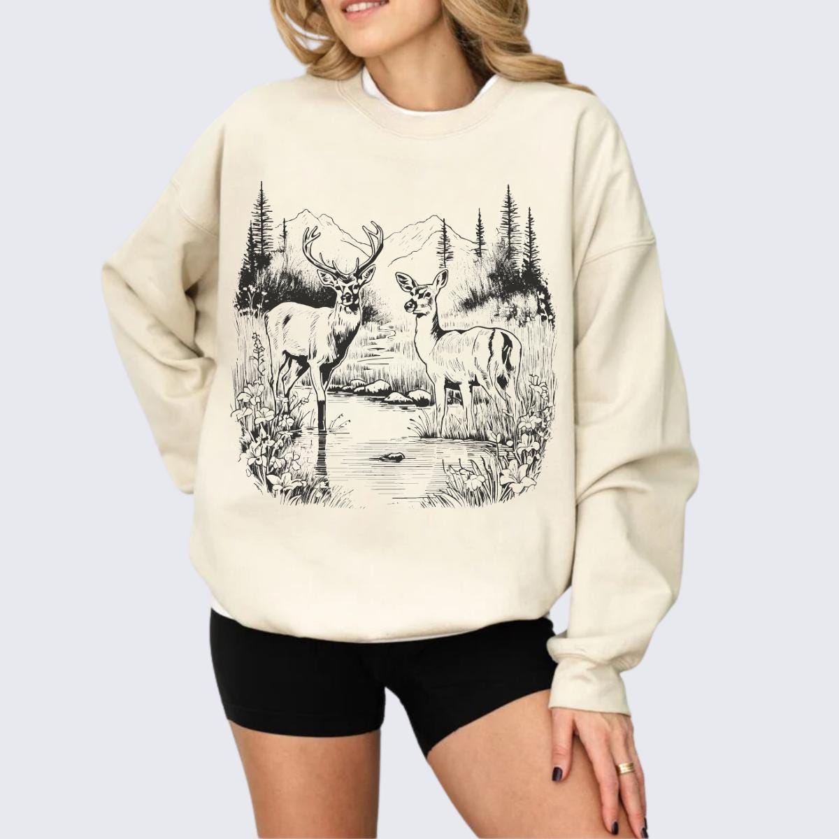 Retro Deer Wilderness Scene Unisex Sweatshirt, Buck & Doe Graphic, Nature Lover Gift, Outdoor Apparel, Wildlife Lover Clothing, Cabin Style