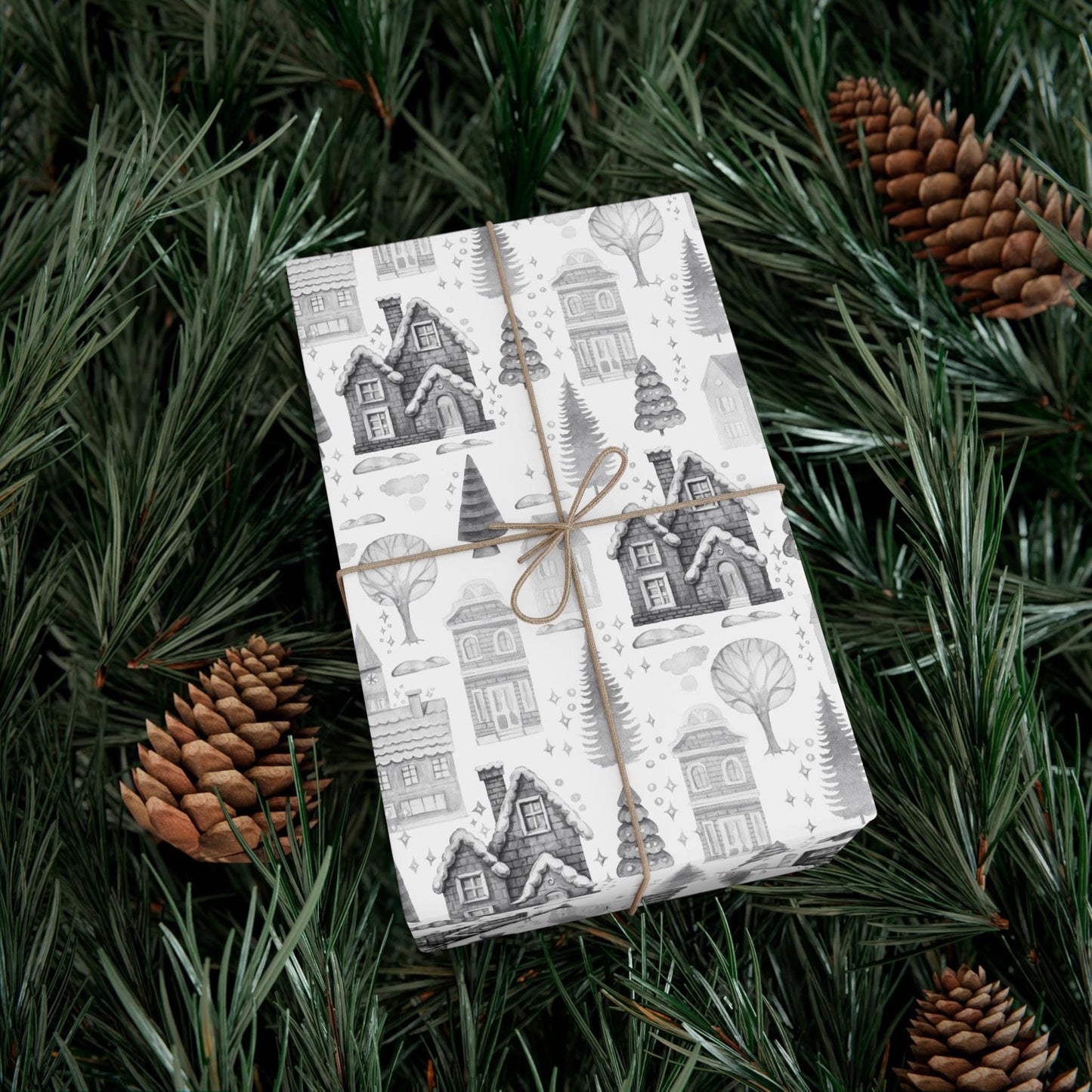 Grey Cottage Gift Wrap Papers - Retro Christmas Gift wrapping - Nostalgic Gift Wrapping paper