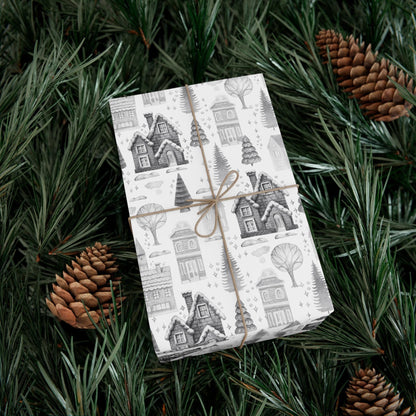 Grey Cottage Gift Wrap Papers - Retro Christmas Gift wrapping - Nostalgic Gift Wrapping paper
