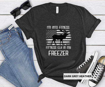 Funny Elk Hunting Dad Tee - American Flag Outdoorsman Gift | Hunting Gift for Hunter Husband | Elk in my Freezer | Hunting Shirt for Man