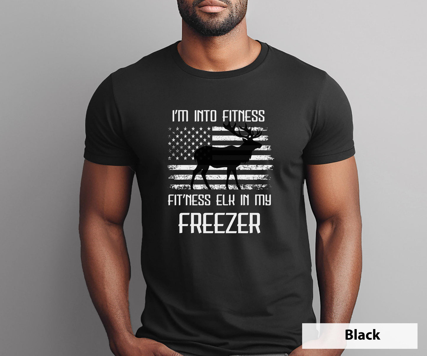 Funny Elk Hunting Dad Tee - American Flag Outdoorsman Gift | Hunting Gift for Hunter Husband | Elk in my Freezer | Hunting Shirt for Man