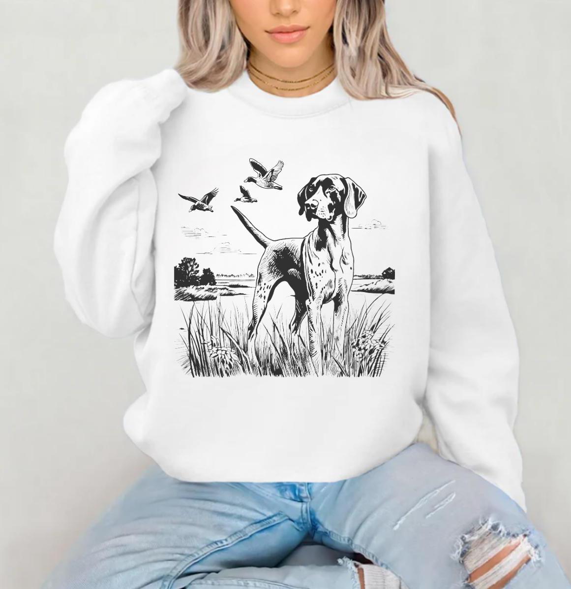 German Shorthaired Pointer Crewneck Sweatshirt, Dog Lover Gift, GSP Duck Hunting Sweater, Retro Dog Pullover, Nature Scene Graphic