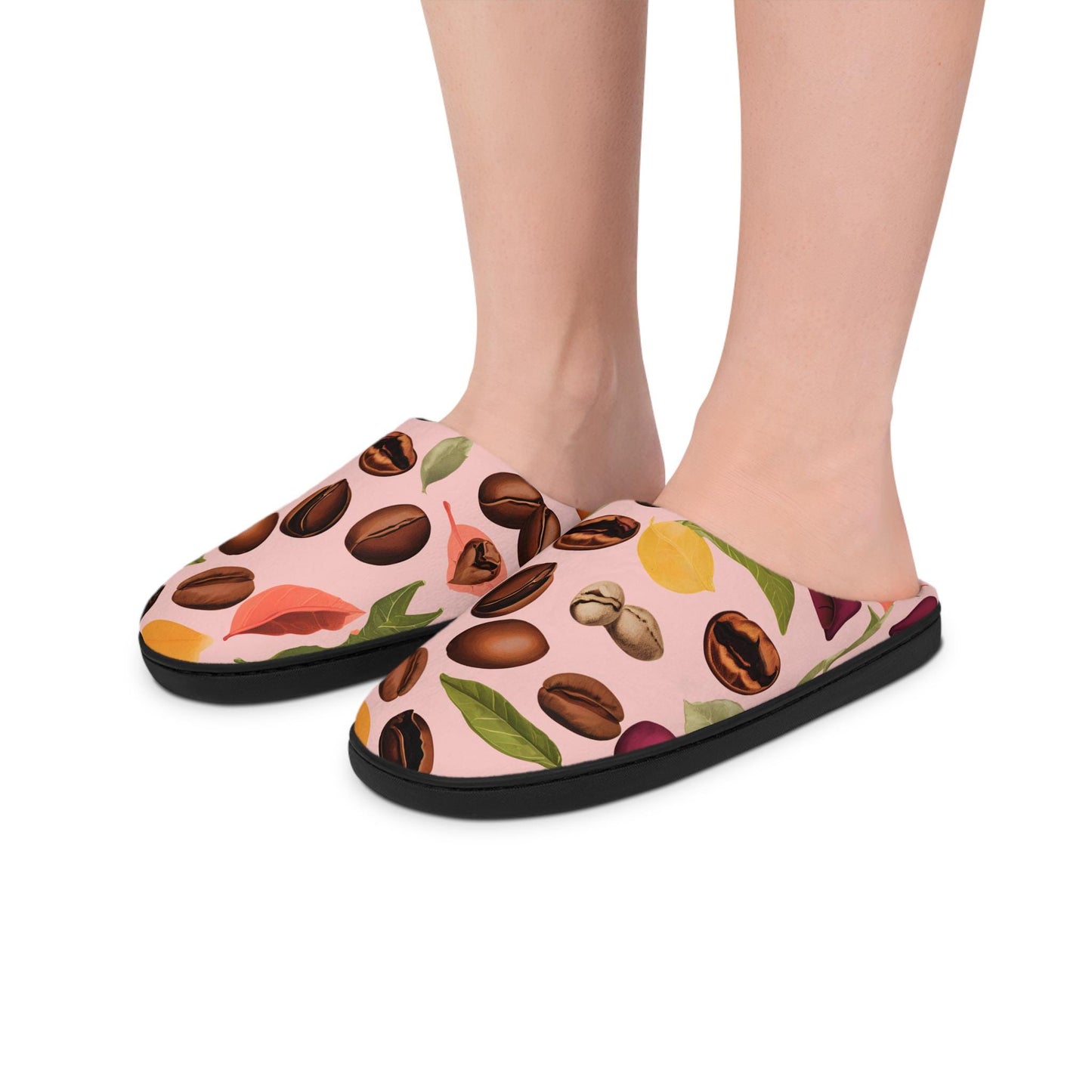Slippers - Coffee Bean and Plants Design Women's Indoor Footwear Pink Background Gift-for Coffee Lovers House Shoes CozySlipper Gift