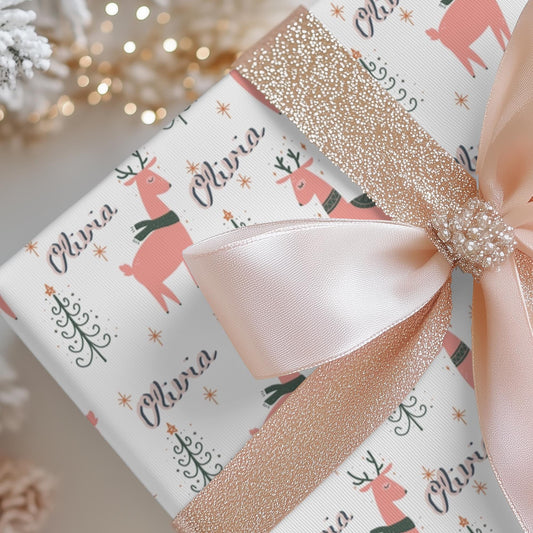 Girls Personalized Christmas Gift Wrapping Papers - Llama Name Christmas Gift wrap - Pink Cute Gift Wrap - Kids Gift Wrap