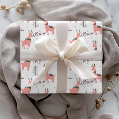 Girls Personalized Christmas Gift Wrapping Papers - Llama Name Christmas Gift wrap - Pink Cute Gift Wrap - Kids Gift Wrap