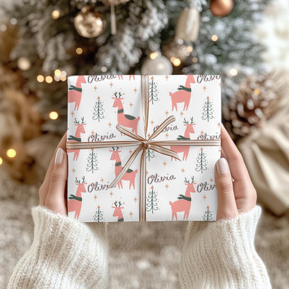 Girls Personalized Christmas Gift Wrapping Papers - Llama Name Christmas Gift wrap - Pink Cute Gift Wrap - Kids Gift Wrap