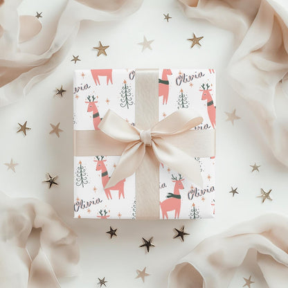 Girls Personalized Christmas Gift Wrapping Papers - Llama Name Christmas Gift wrap - Pink Cute Gift Wrap - Kids Gift Wrap