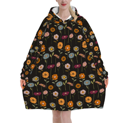 Wildflower Blanket Hoodie, Boho Witchy Black Hooded Jumper, Winter Fall Accessory