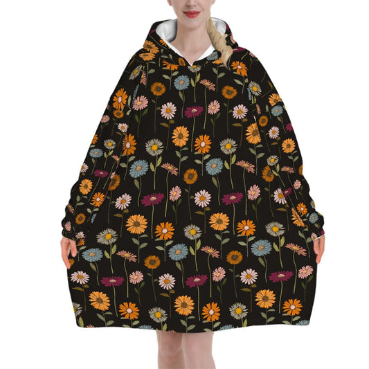 Wildflower Blanket Hoodie, Boho Witchy Black Hooded Jumper, Winter Fall Accessory