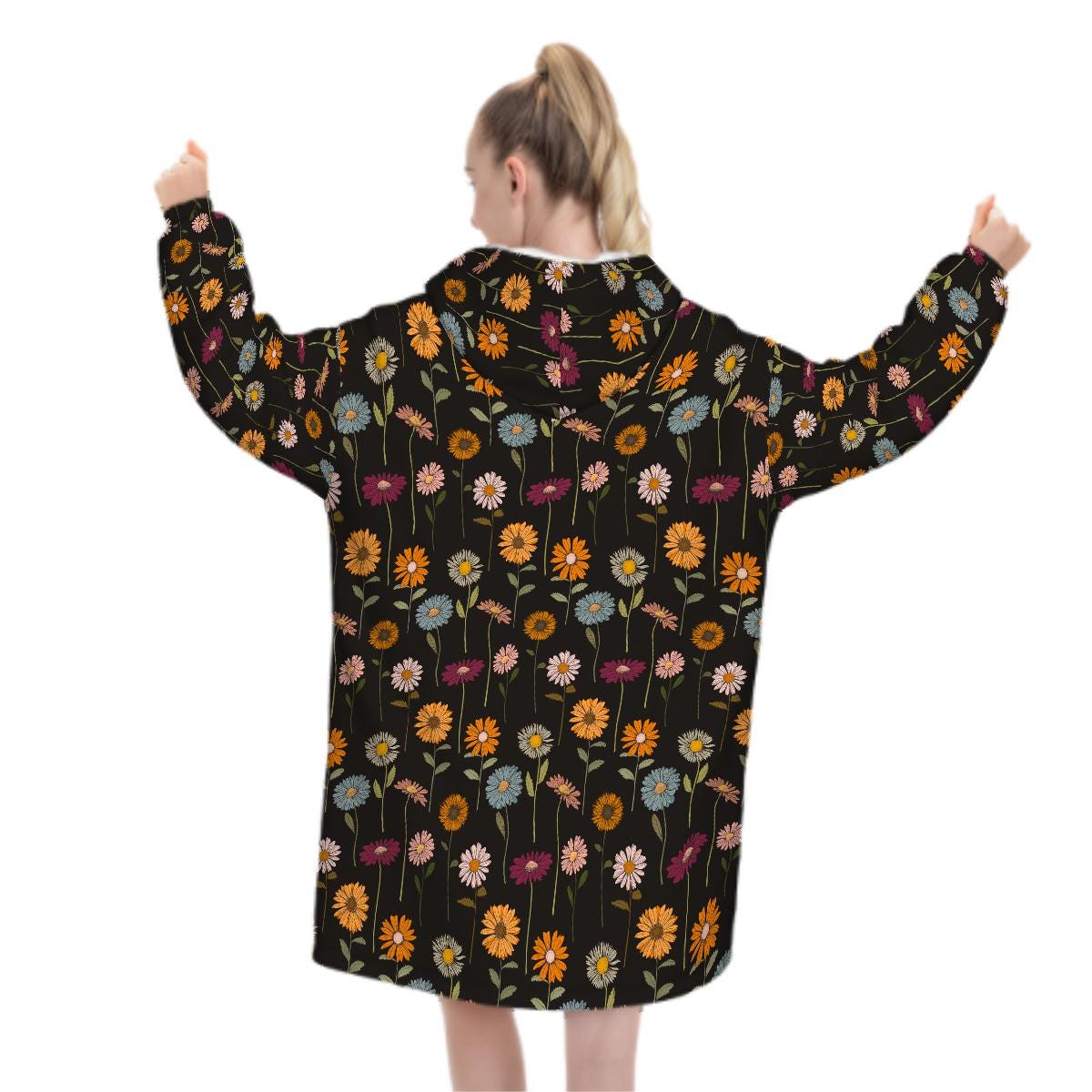 Wildflower Blanket Hoodie, Boho Witchy Black Hooded Jumper, Winter Fall Accessory