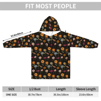 Wildflower Blanket Hoodie, Boho Witchy Black Hooded Jumper, Winter Fall Accessory