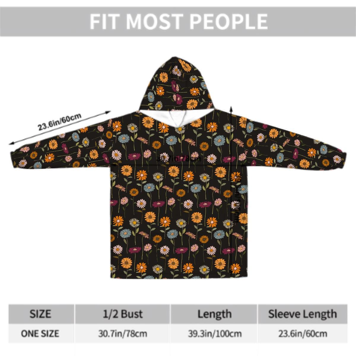 Wildflower Blanket Hoodie, Boho Witchy Black Hooded Jumper, Winter Fall Accessory