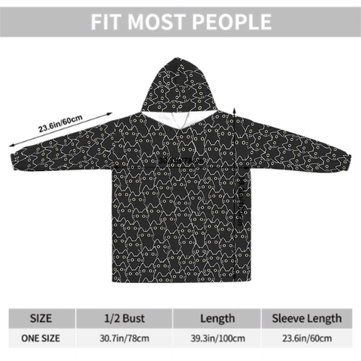 Black Cat Blanket Hoodie, Boho Witchy Black Hooded Jumper, Kawaii Anime Cute Winter Fall Accessory