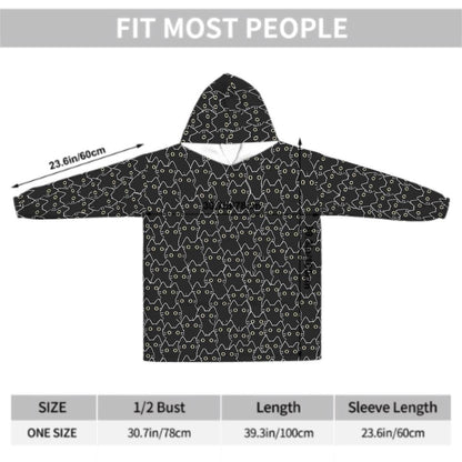 Black Cat Blanket Hoodie, Boho Witchy Black Hooded Jumper, Kawaii Anime Cute Winter Fall Accessory