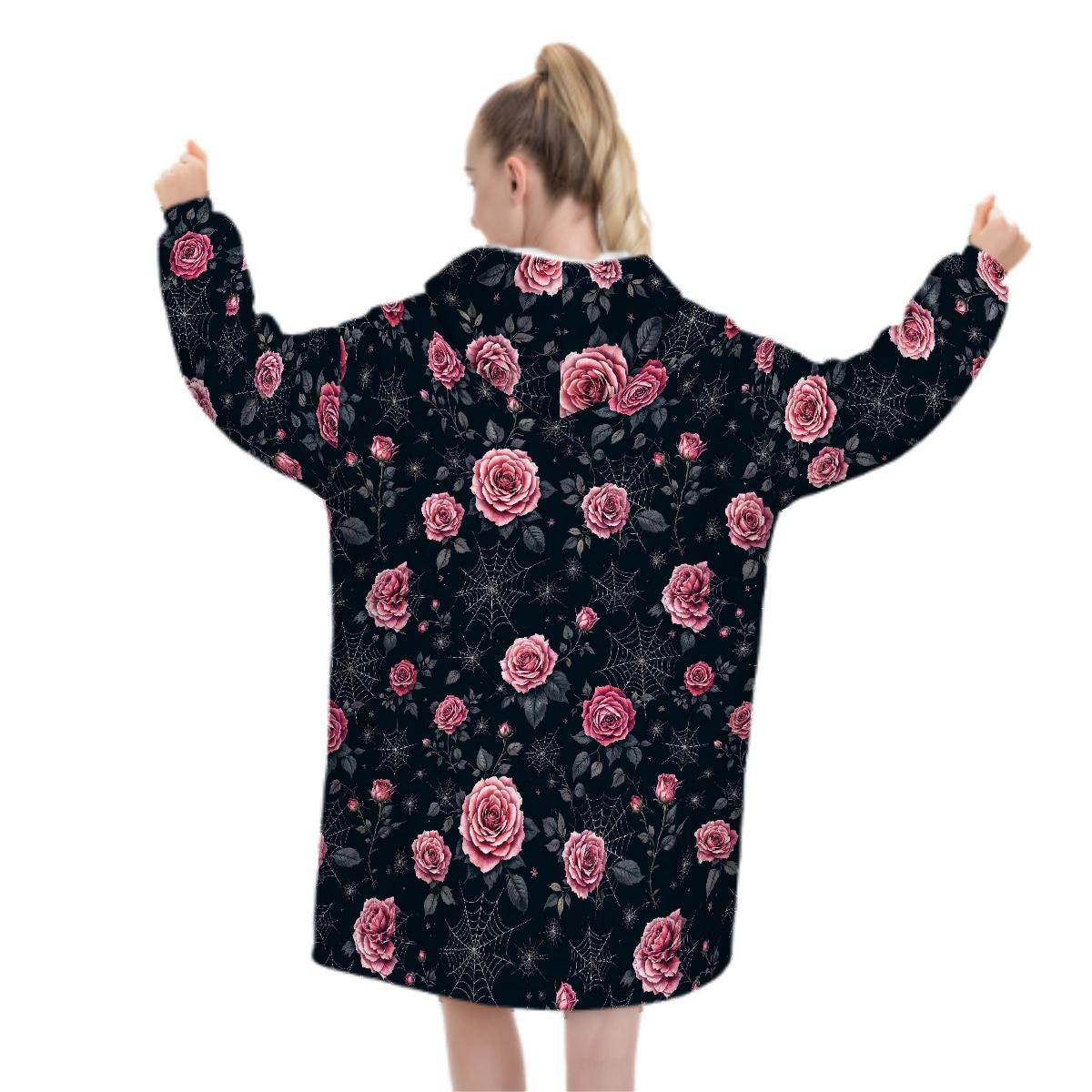 Pink Rose Spiderweb Blanket Hoodie, Boho Witchy Black Hooded Jumper, Gothic Floral Cute Winter Fall Accessory