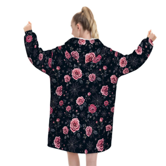 Pink Rose Spiderweb Blanket Hoodie, Boho Witchy Black Hooded Jumper, Gothic Floral Cute Winter Fall Accessory