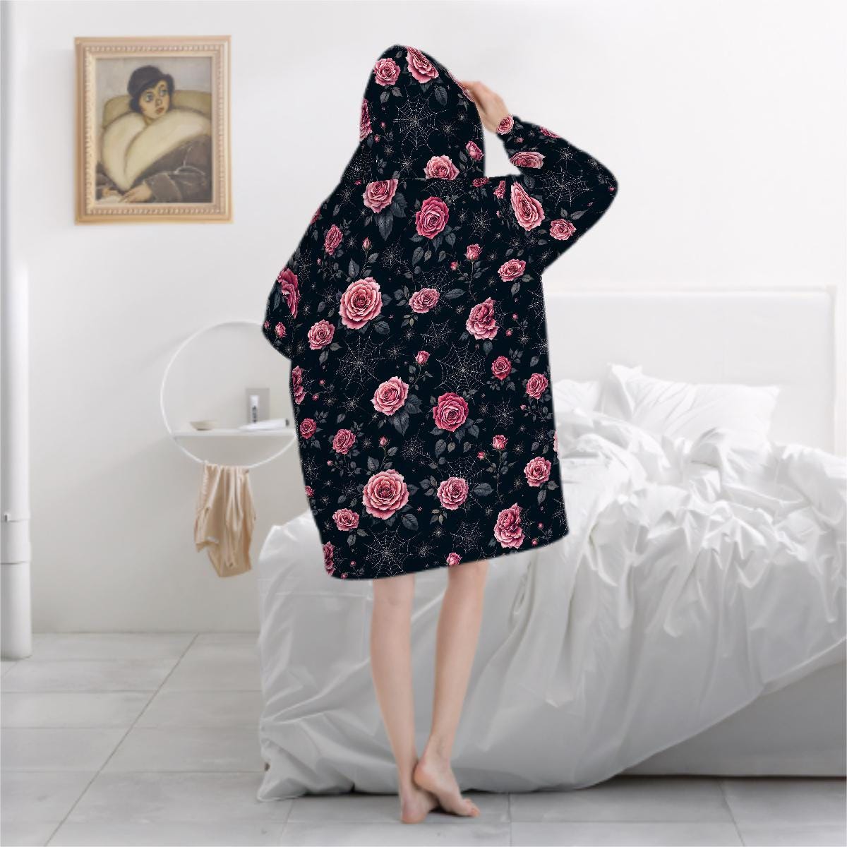 Pink Rose Spiderweb Blanket Hoodie, Boho Witchy Black Hooded Jumper, Gothic Floral Cute Winter Fall Accessory