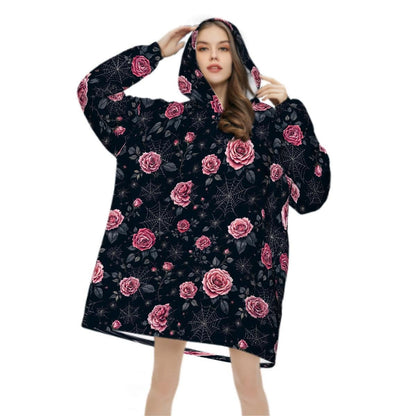 Pink Rose Spiderweb Blanket Hoodie, Boho Witchy Black Hooded Jumper, Gothic Floral Cute Winter Fall Accessory