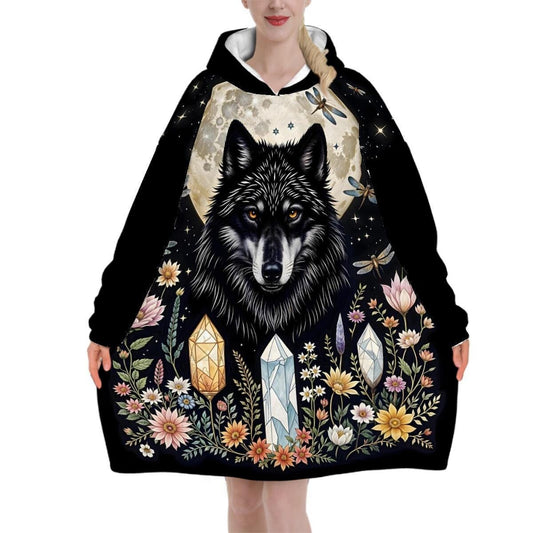 Black Wolf Crystal Blanket Hoodie, Wildflower Moon Boho Witchy Black Hooded Jumper, Gothic Floral Cute Winter Fall Accessory