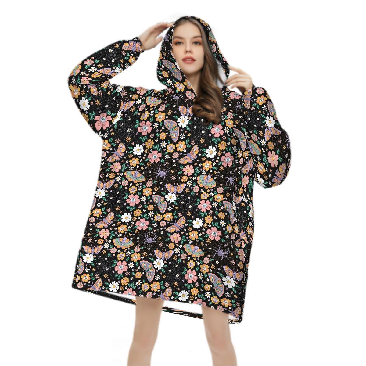 Butterfly Spiderweb Blanket Hoodie, Moon Boho Witchy Black Hooded Jumper, Gothic Floral Cute Winter Fall Accessory
