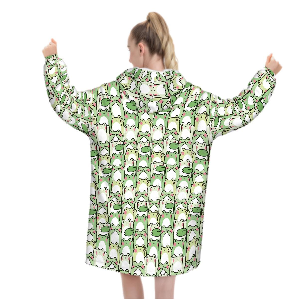 Green Kawaii Frog Blanket Hoodie, Funny Hooded Jumper, Kawaii Anime Cute Winter Fall Accessory