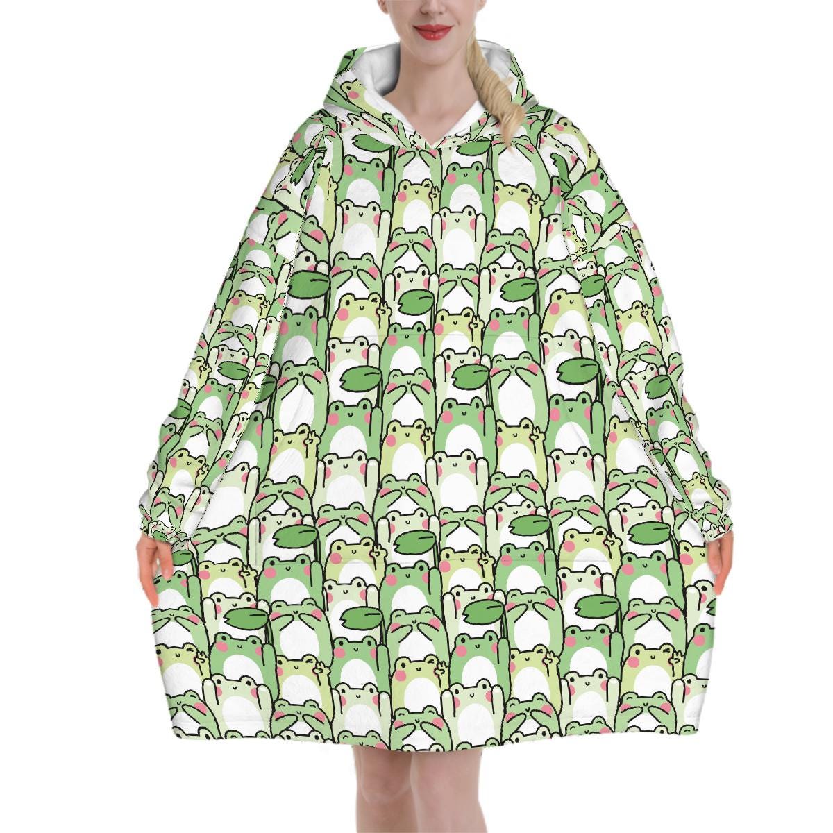 Green Kawaii Frog Blanket Hoodie, Funny Hooded Jumper, Kawaii Anime Cute Winter Fall Accessory