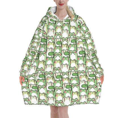 Green Kawaii Frog Blanket Hoodie, Funny Hooded Jumper, Kawaii Anime Cute Winter Fall Accessory