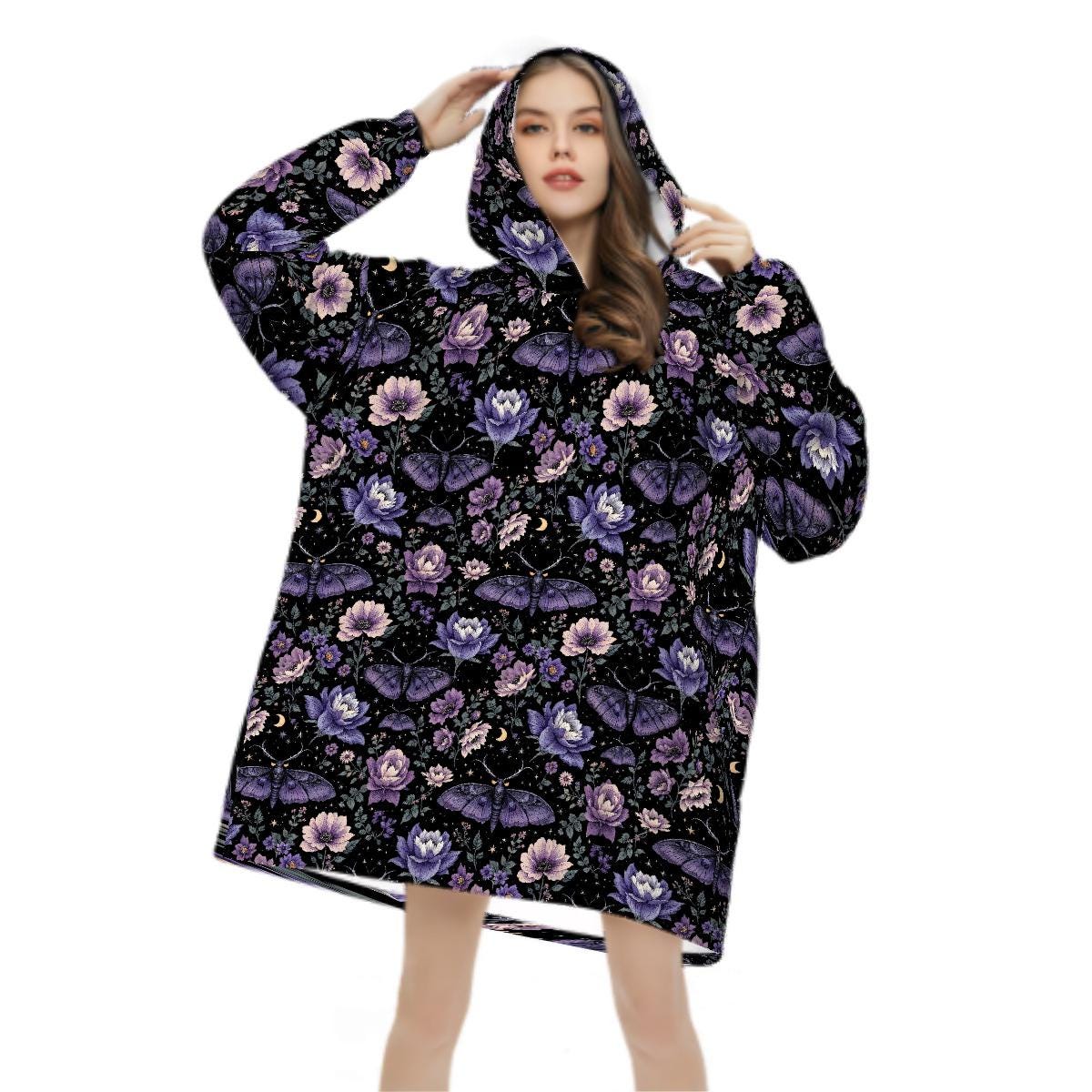 Purple Butterfly Floral Blanket Hoodie, Pink Boho Witchy Black Hooded Jumper, Gothic Floral Cute Winter Fall Accessory