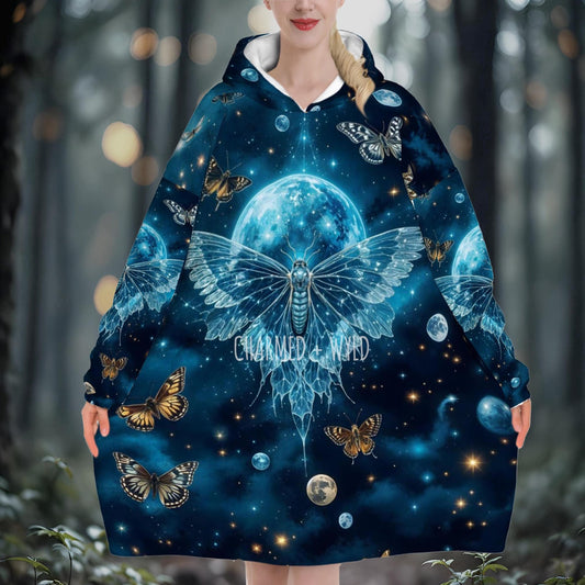 Mystical Butterfly Moon Mushroom Blanket Hoodie, Blue Witchy Galaxy Space Hooded Jumper, Lounge Sleepwear Pyjamas, Women Cottagecore Fashion
