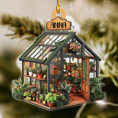 Personalized Name Garden House Ornament, 2D FLAT, Custom Name Greenhouse Acrylic Ornament, Plant Ornament Christmas, Gift For Plant Lovers