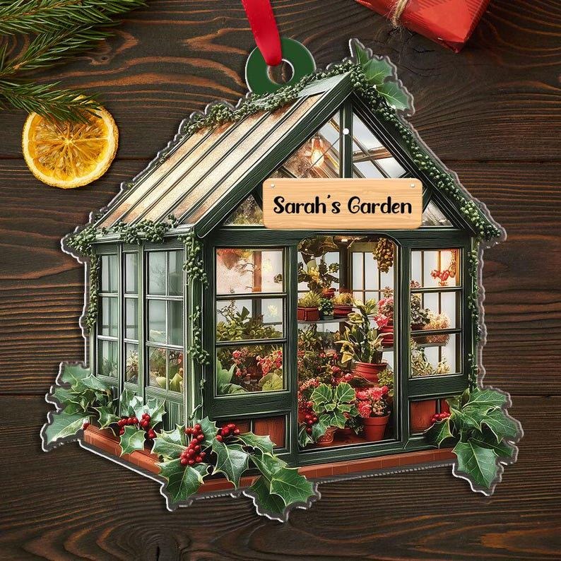 Personalized Name Garden House Ornament, 2D FLAT, Custom Name Greenhouse Acrylic Ornament, Plant Ornament Christmas, Gift For Plant Lovers