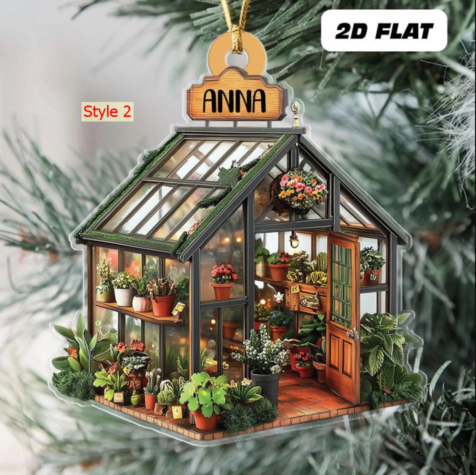 Personalized Name Garden House Ornament, 2D FLAT, Custom Name Greenhouse Acrylic Ornament, Plant Ornament Christmas, Gift For Plant Lovers