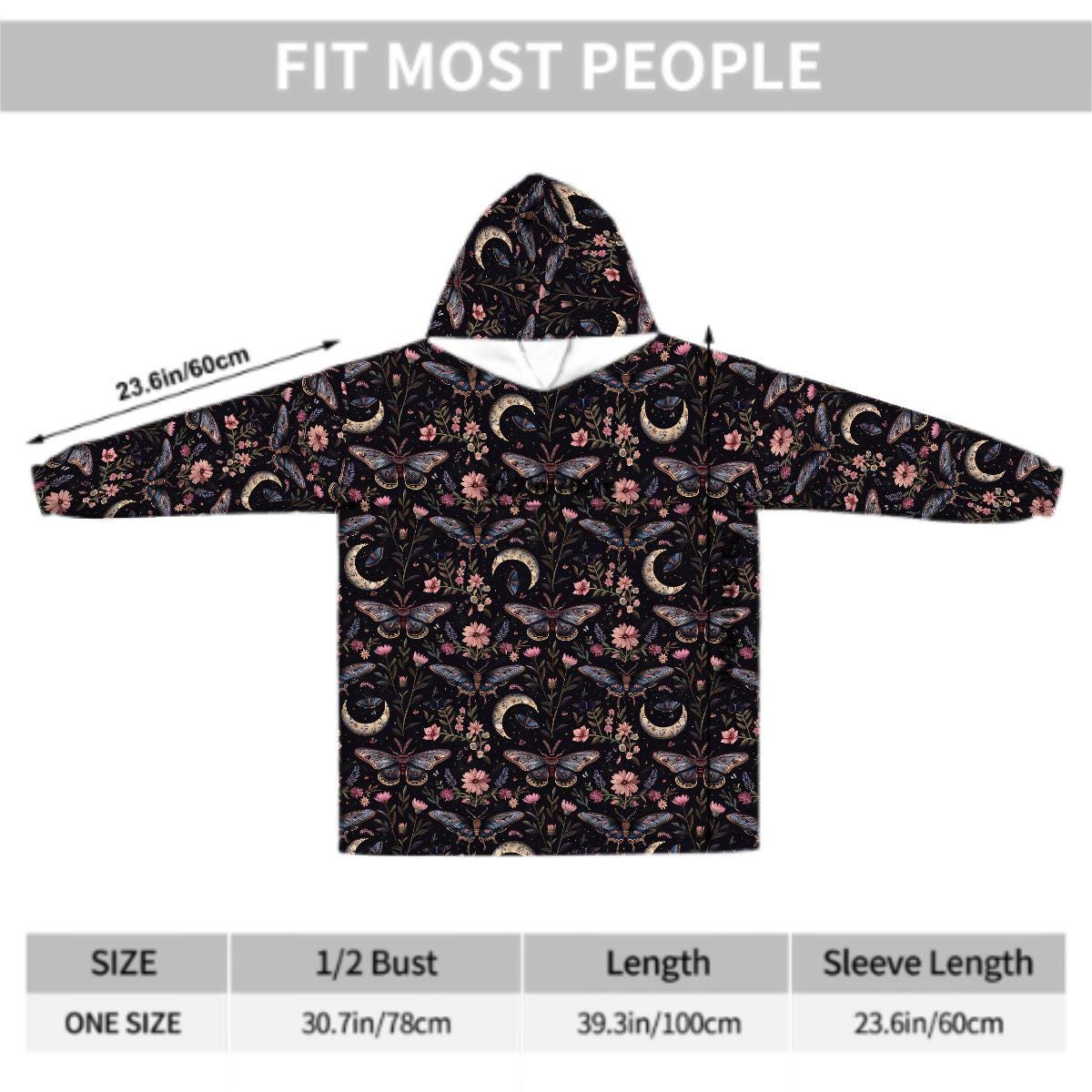 Moth Butterfly Wildflower Blanket Hoodie, Purple Pink Boho Witchy Black Hooded Jumper, Gothic Winter Fall Accessory