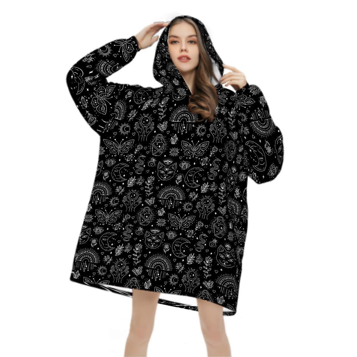 Witchy Black Blanket Hoodie, Boho Hooded Jumper, Women's Fashion, Gothic Winter Fall Accessory
