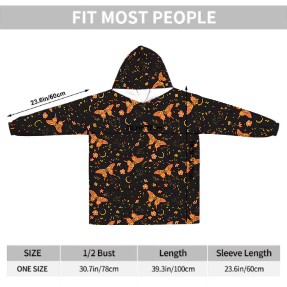 Orange Butterfly Witchy Blanket Hoodie, Black Boho Hooded Jumper, Celestial Moon Women's Fashion, Gothic Winter Fall Accessory