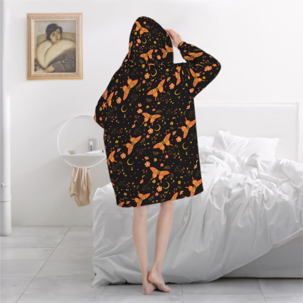 Orange Butterfly Witchy Blanket Hoodie, Black Boho Hooded Jumper, Celestial Moon Women's Fashion, Gothic Winter Fall Accessory