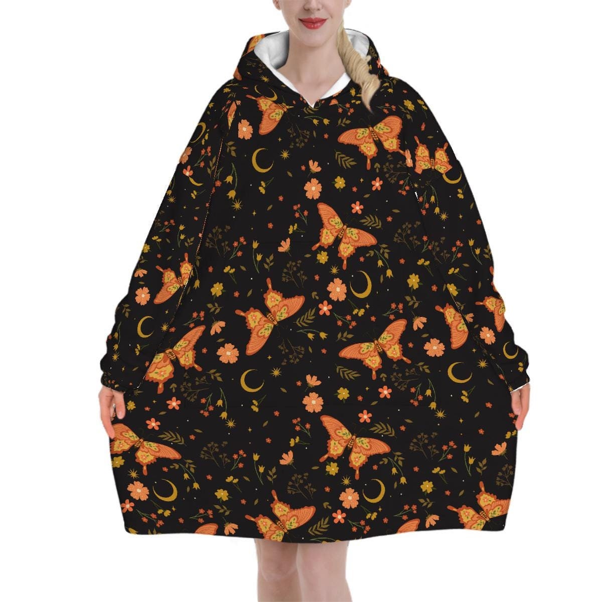 Orange Butterfly Witchy Blanket Hoodie, Black Boho Hooded Jumper, Celestial Moon Women's Fashion, Gothic Winter Fall Accessory
