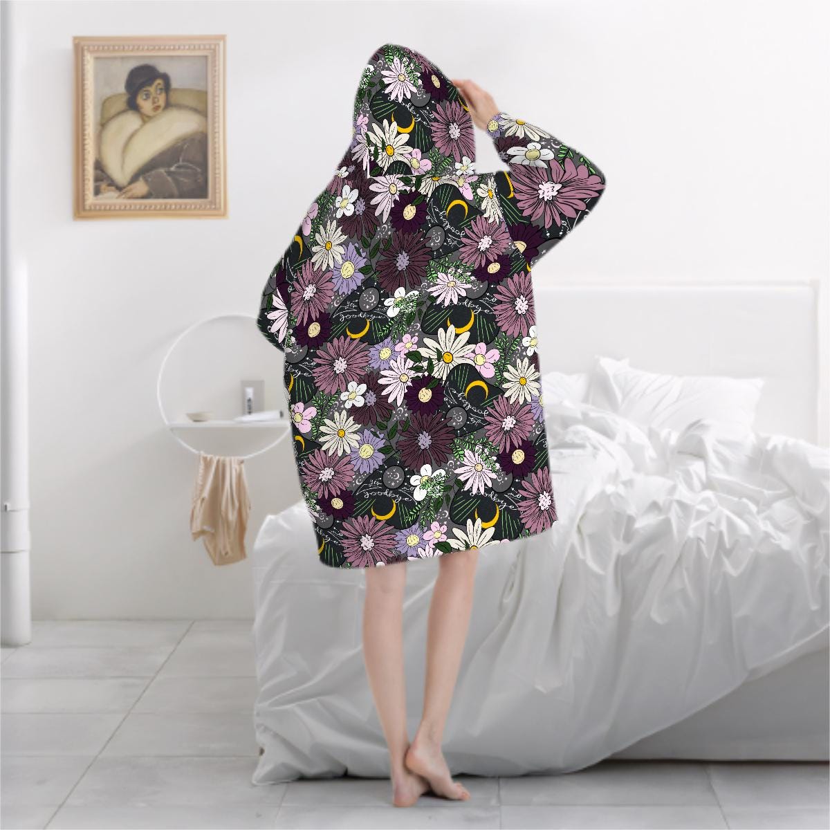 Mystic Wildflower Blanket Hoodie, Purple Pink Boho Witchy Black Hooded Jumper, Moon Gothic Winter Fall Accessory