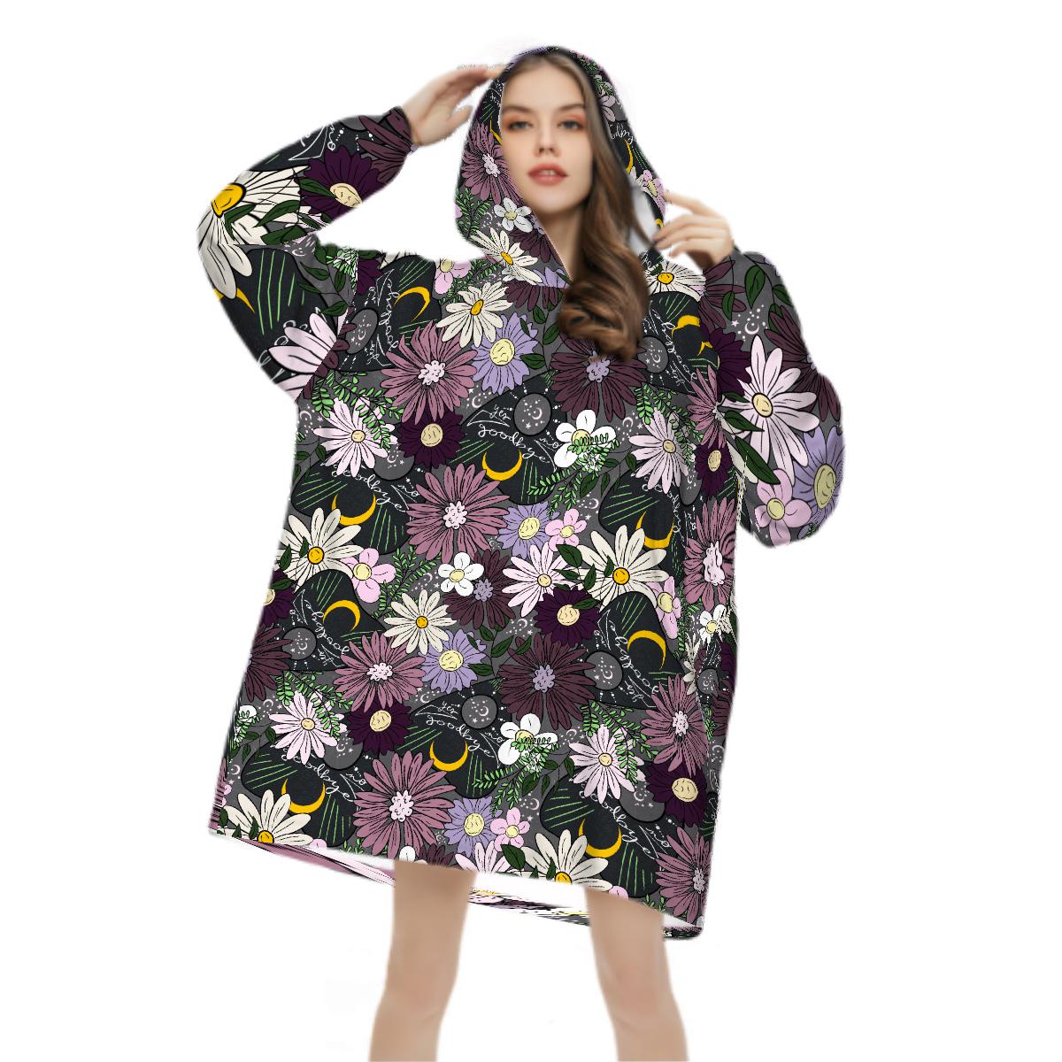 Mystic Wildflower Blanket Hoodie, Purple Pink Boho Witchy Black Hooded Jumper, Moon Gothic Winter Fall Accessory
