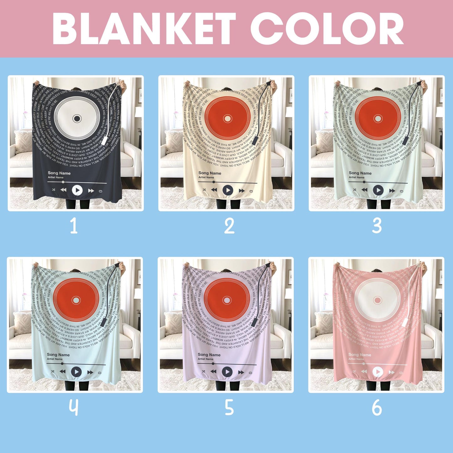 Personalized Music Lyrics Blanket, Custom Song Vinyl Lyrics Blanket, Mother's Day Gift, Girlfriend Gift, Anniversary Gift, Wedding Gift