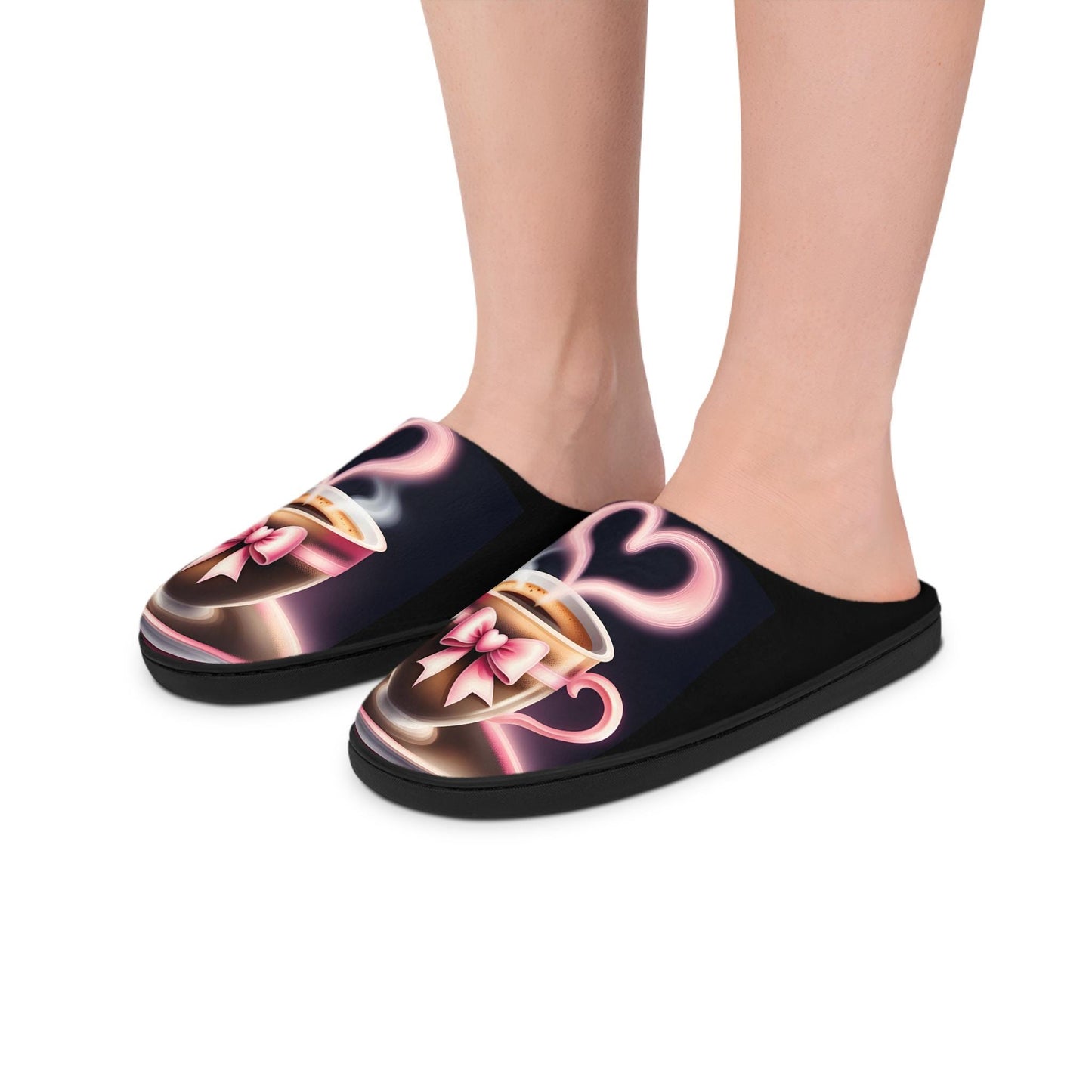 Blackand Pink Slippers Cute PinkBow Mini Coffee Cup Women's Indoor Shoes, Cozy House Footwear, Warm House Slides, Soft Bedroom Slippers