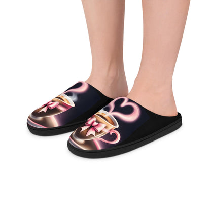 Blackand Pink Slippers Cute PinkBow Mini Coffee Cup Women's Indoor Shoes, Cozy House Footwear, Warm House Slides, Soft Bedroom Slippers