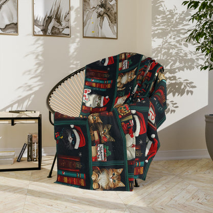 Cute Christmas Cat and Books Minky Blanket Cat Lover Sherpa Fleece Blanket Christmas Cat Mama Blanket Christmas Blanket Bookworm Blanket