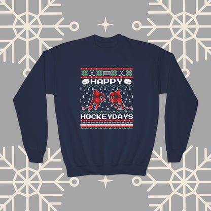 Youth Happy Hockeydays Ugly Christmas , Kids Hockey Christmas Sweatshirt, Gift for Hockey Player