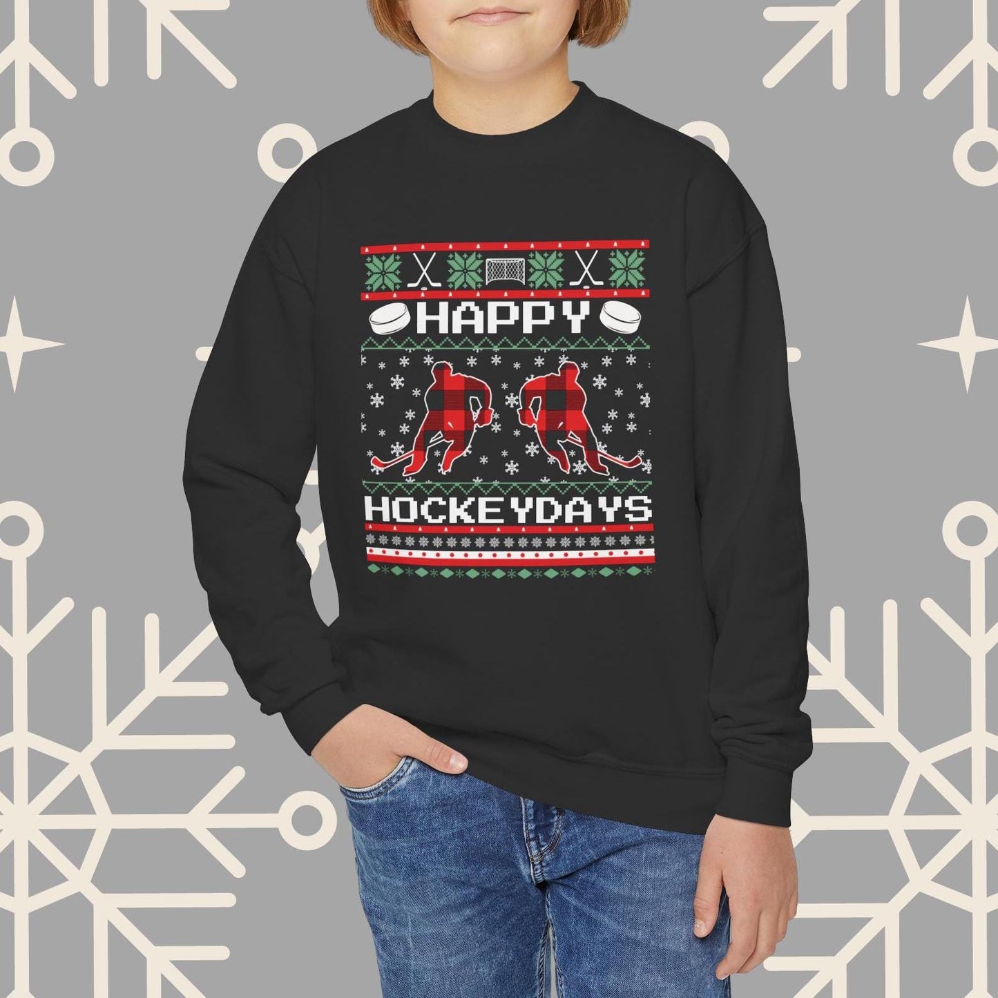 Youth Happy Hockeydays Ugly Christmas , Kids Hockey Christmas Sweatshirt, Gift for Hockey Player